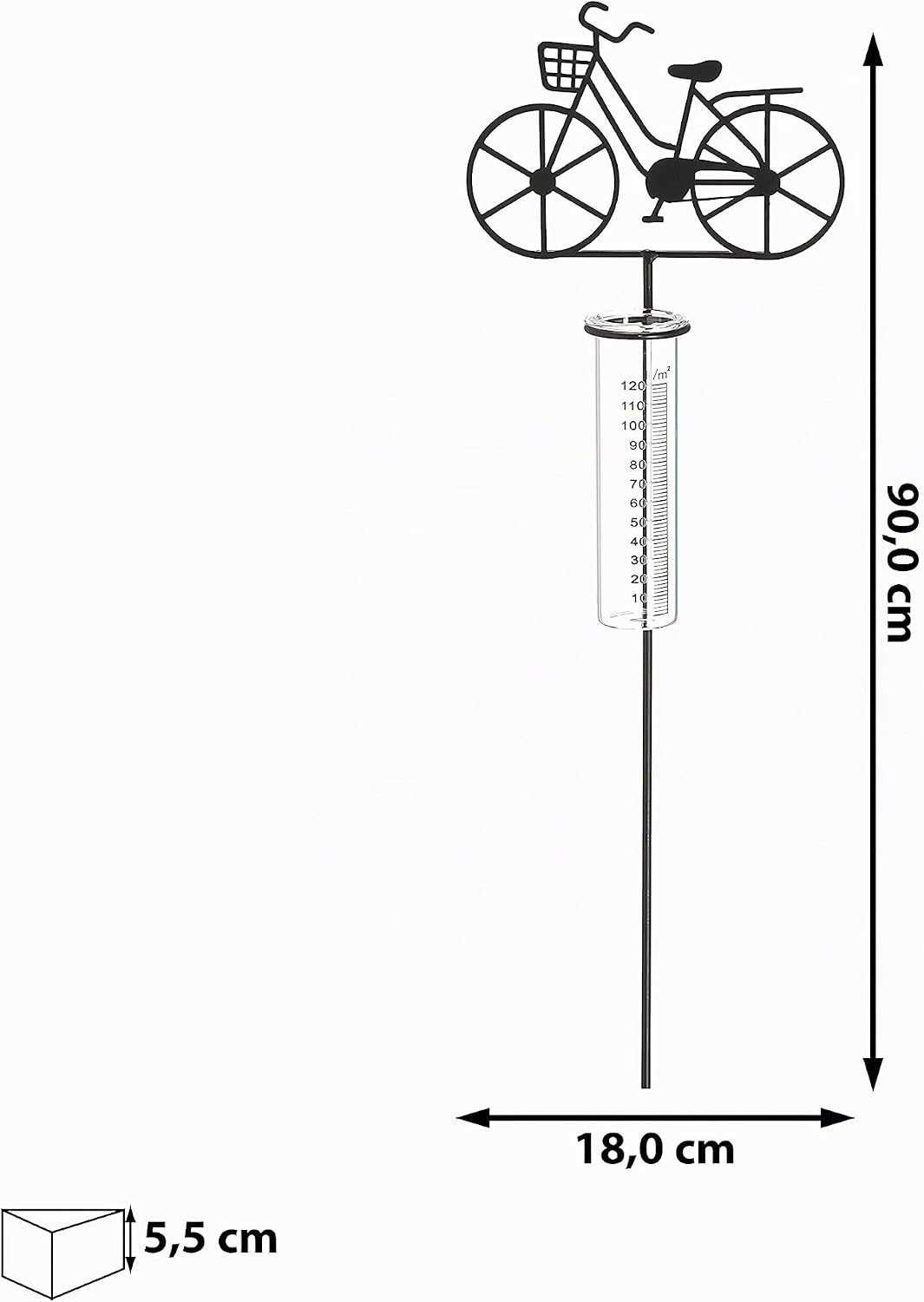 Cepewa Gartenstecker Regenmesser Fahrrad │ 18x90x5,5cm Metall Glas │ Messzylinder Niederschlagsmesse