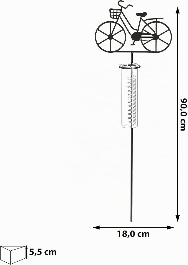 Cepewa Gartenstecker Regenmesser Fahrrad │ 18x90x5,5cm Metall Glas │ Messzylinder Niederschlagsmesse