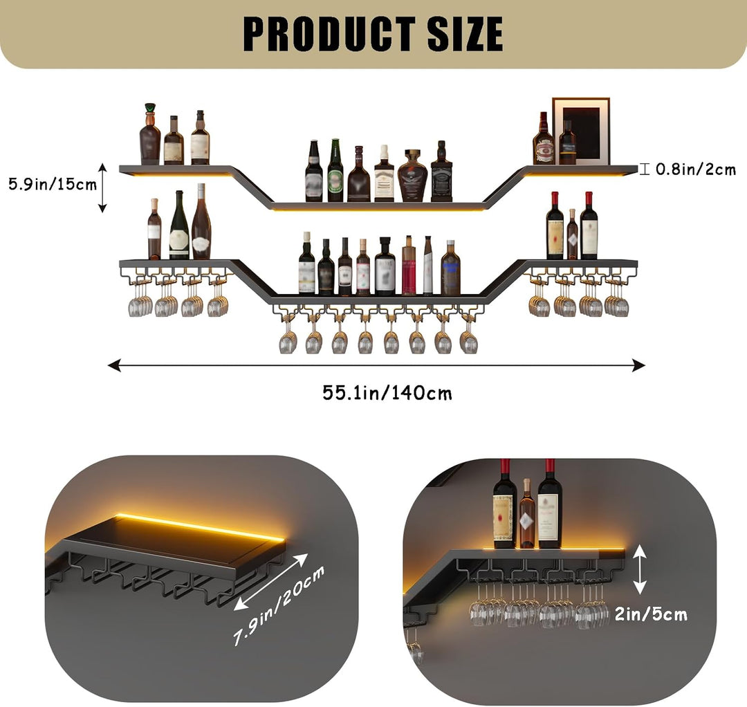 140cm Modernes Wand-Weinregal Mit LED Beleuchtung, Schwebende Barregale mit Glashalter, 3 Ebenen Wan