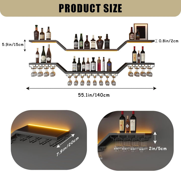 140cm Modernes Wand-Weinregal Mit LED Beleuchtung, Schwebende Barregale mit Glashalter, 3 Ebenen Wan