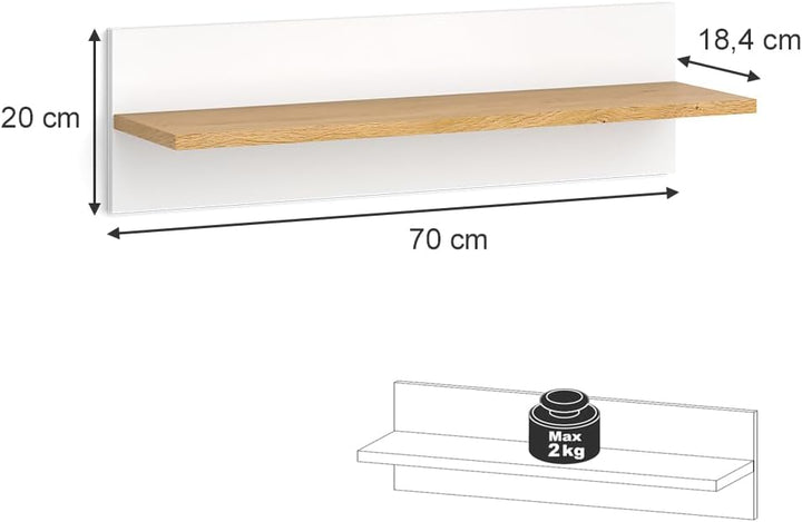 VitaliSpa Wandregal für das Kinderzimmer Malia, Weiss/Eiche, 70 x 20 cm, Weiss