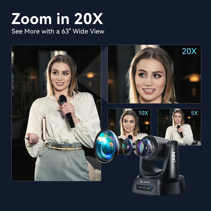 TONGVEO 4K NDI PTZ Kamera mit KI-Auto-Tracking 20-Fach optischem Zoom HDMI IP Live-Streaming SDI USB