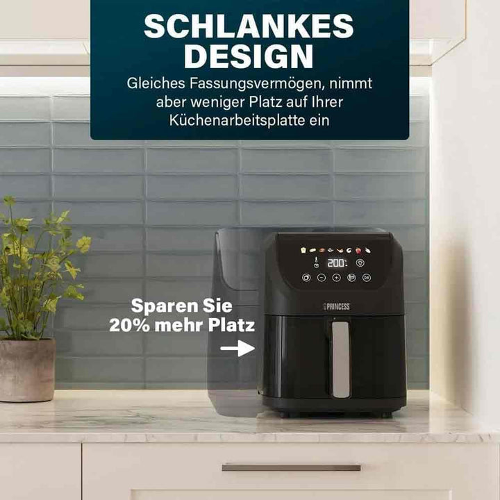 Princess Slim Airfryer 5L - 1500 W - leiser Betrieb (55 db) - Platzsparendes Design - Ölfrei - 8 Koc