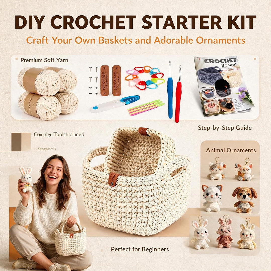 2PCS Square Häkelkorb Häkelset - 2 Häkelnadeln, 4 Häkelgarn Anleitung Beige | Crochet Set, Korb Häke
