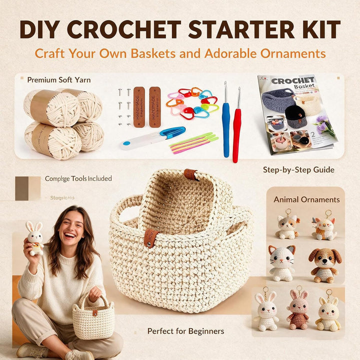 2PCS Square Häkelkorb Häkelset - 2 Häkelnadeln, 4 Häkelgarn Anleitung Beige | Crochet Set, Korb Häke