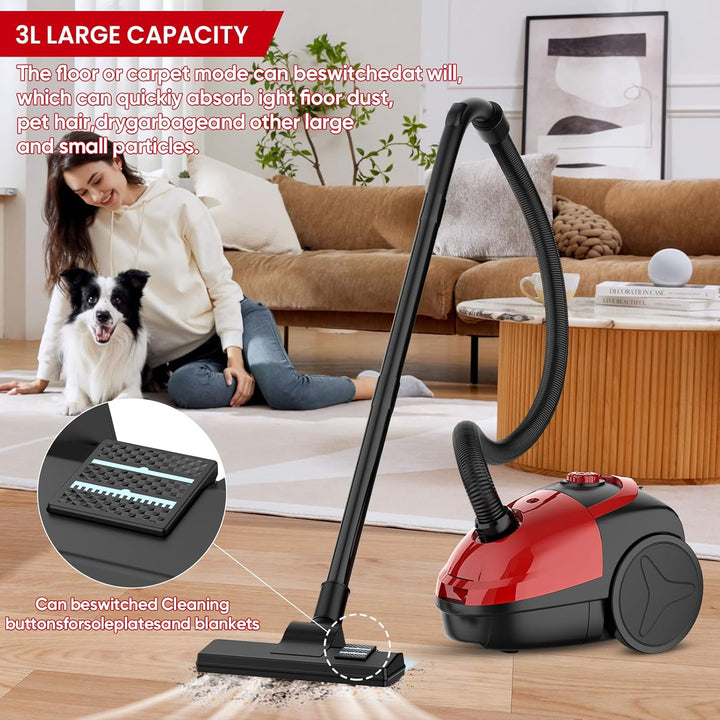 Staubsauger, 2000W Compact Staubsauger mit Beutel, Bodenstaubsauger mit HEPA Filtersystem, 4.5m Akti