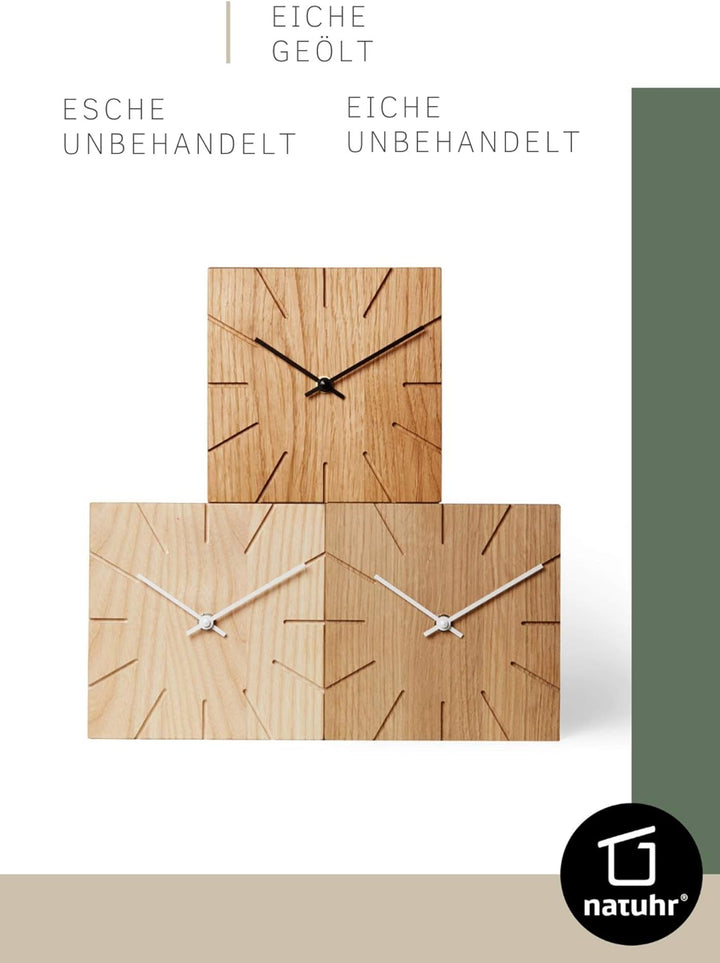 Natuhr Holzuhr Wanduhr Tischuhr Holz - Beam - geräuscharm Massivholz modern Design 17 x 17 cm (Eiche