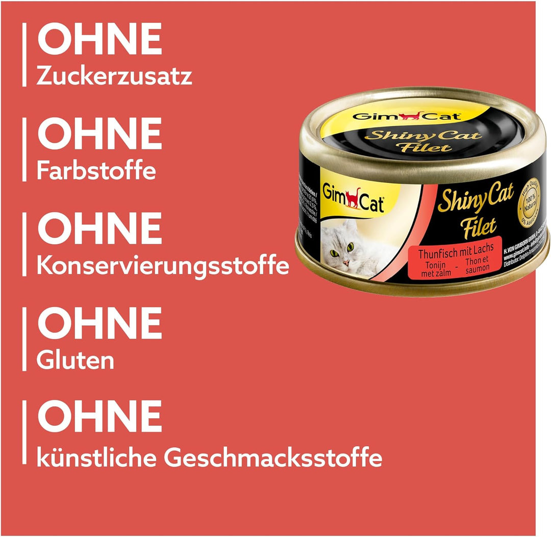GimCat ShinyCat Filet Thunfisch mit Lachs - Katzenfutter mit saftigem Filet ohne Zuckerzusatz für au