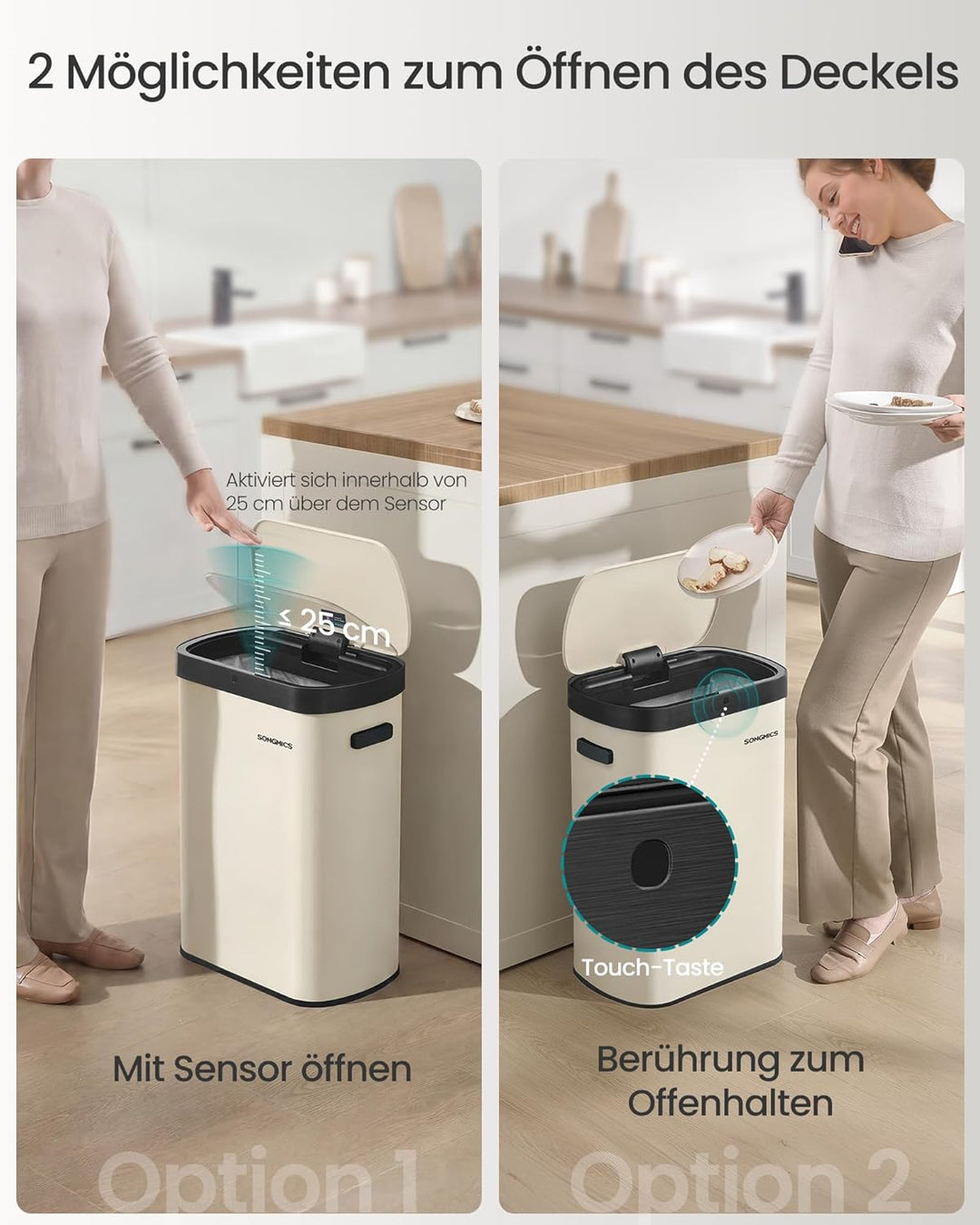 SONGMICS Mülleimer mit Sensor, automatischer Abfalleimer 50 L, Öffnen per Handbewegung oder Berühren