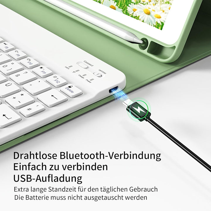 hülle mit Tastatur für iPad 9/8/7 Generation (2021/2020/2019) 10,2 Zoll, weiche TPU-Rückseite mit St