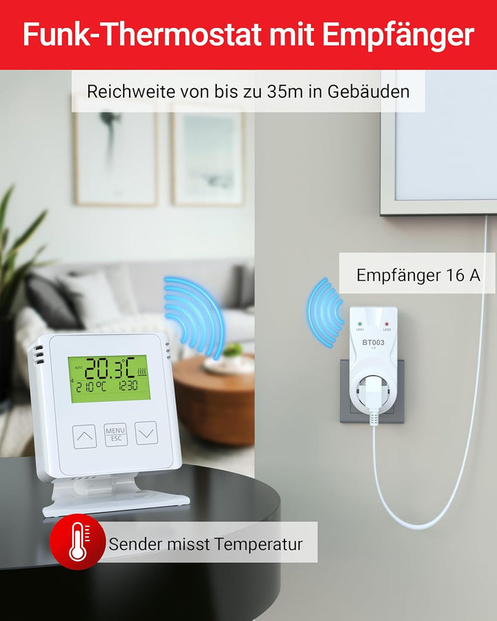 ELEKTROBOCK BT733 Funk-Raumthermostat mit Zwischensteckdose - 35 m Reichweite - Für elektrische Heiz