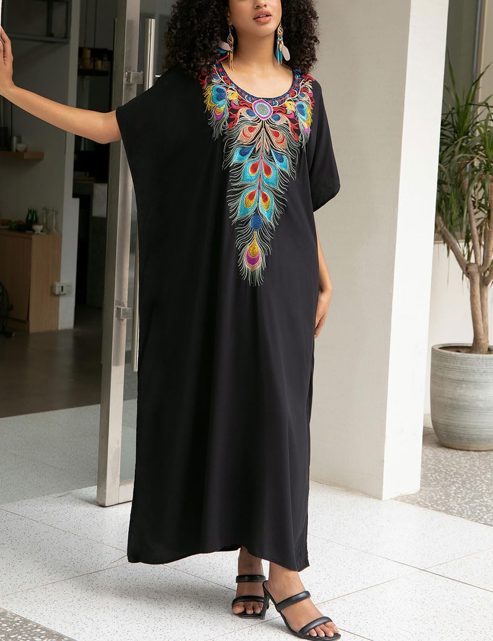 Bsubseach Damen Stickerei Kurzarm Bikini Strandkleid Side Split Beach Kaftan Kleid Ff-schwarz, Ff-sc