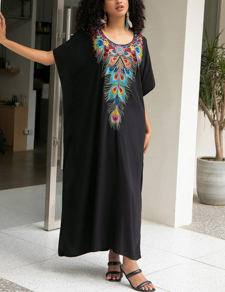 Bsubseach Damen Stickerei Kurzarm Bikini Strandkleid Side Split Beach Kaftan Kleid Ff-schwarz, Ff-sc