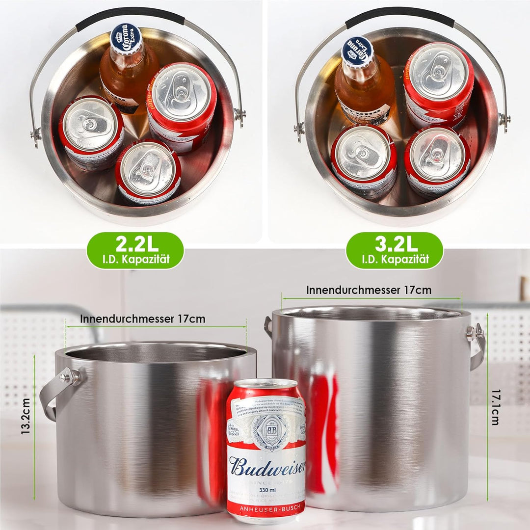 3,2 L Eiswürfelbehälter mit Deckel und Zange，Doppelwandig Isoliert Edelstahl Eiswürfelbehälter für W