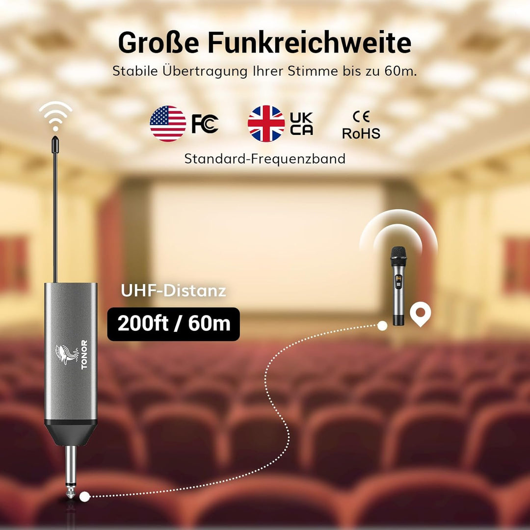 TONOR Drahtloses Mikrofon, UHF Metall Kabelloses Handmikrofon System mit wiederaufladbarem Receiver,