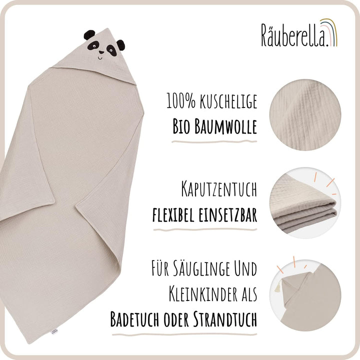 Räuberella® Panda-Kapuzenhandtuch Baby in Beige I 80x80cm I Musselin-Badetuch-Baby aus 100% Bio-Baum