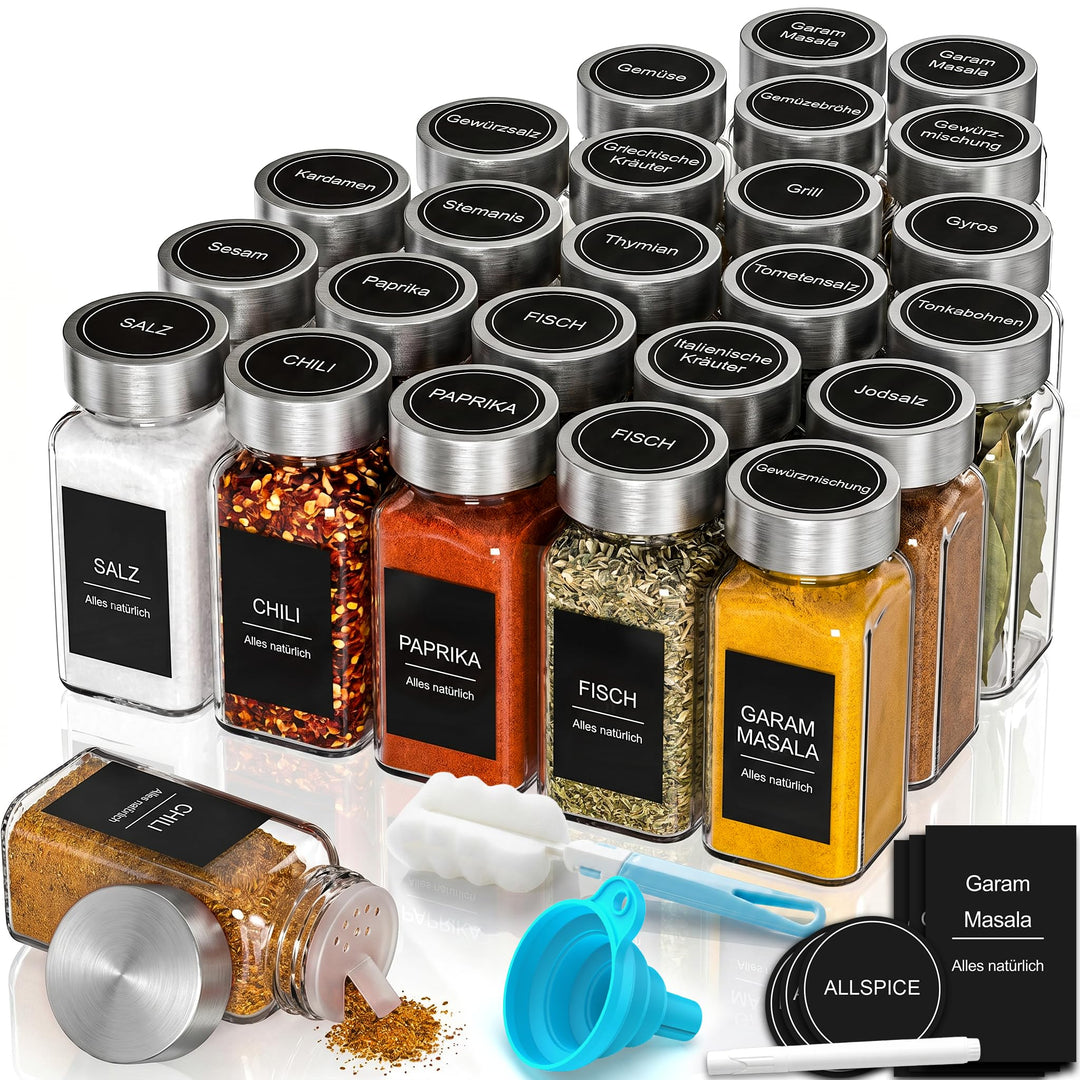 24er Gewürzgläser Set mit Edelstahldeckel – Eckige Gewürzdosen (120ml) | Gewürz Organizer mit Streue