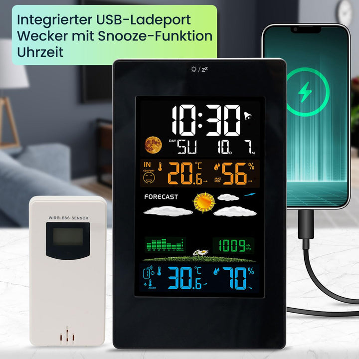 Moderne Wetterstation mit LCD-Farbdisplay, Funk-Aussensensor, Wecker & USB-Ladeport – präzise Wetter