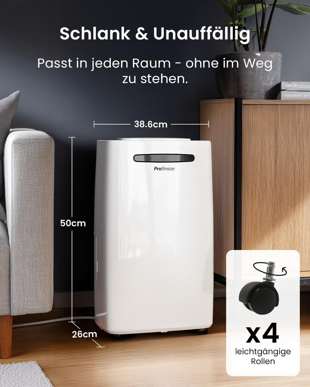 Pro Breeze Luftentfeuchter 20L in 24h Entfeuchtungsleistung - Raumgrösse ca. 195m³ (~30 m²) - mit 4