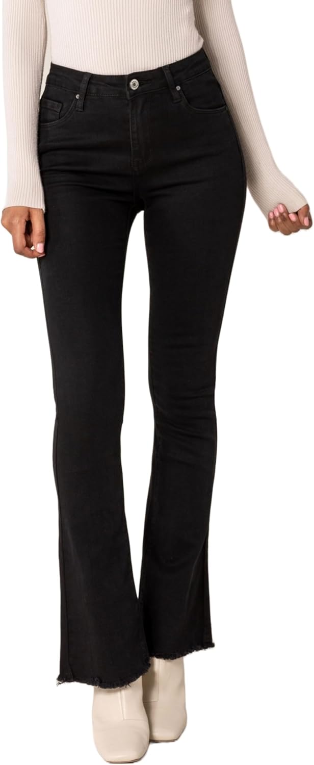 Nina Carter Damen Bootcut Jeans im Retro-Stil Mid Waist Stretchjeans Jeanshosen Used-Look Schlaghose