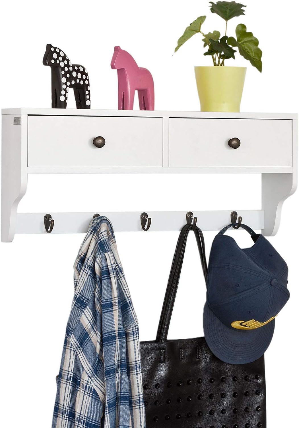 SoBuy® FRG178-W Wandschrank Wandgarderobe Wandregal Hängeregal mit 2 Schubladen und 5 Haken MDF weis
