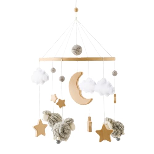 Herfair Mobile Baby Bettglocke mit Sterne Mond Schafe Hölz Mädchen Hängende Mobile Windspiel für Bab