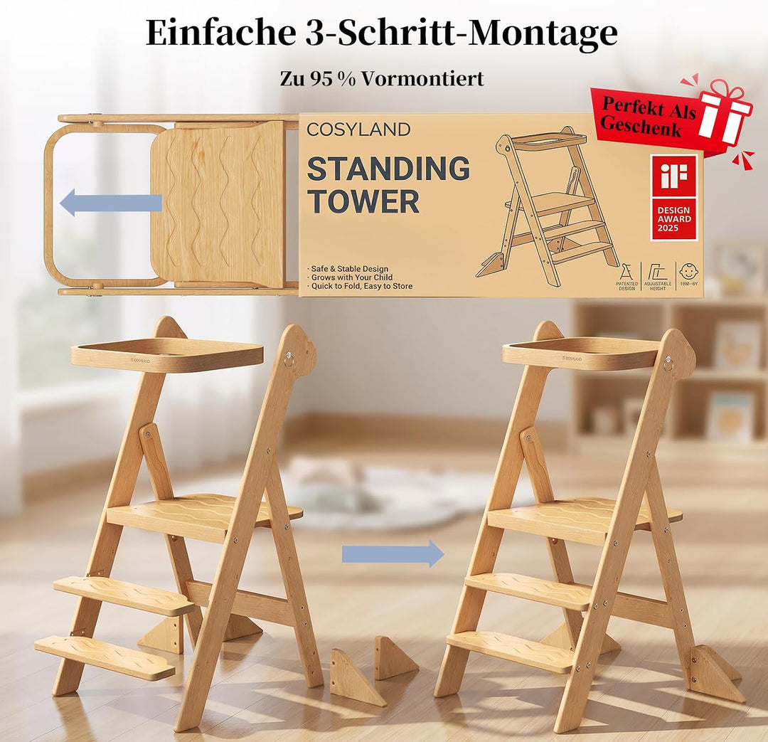 COSYLAND Lernturm ab 1 Jahr klappbar – iF Design Award Gewinner, höhenverstellbarer Lernturm mit Sic