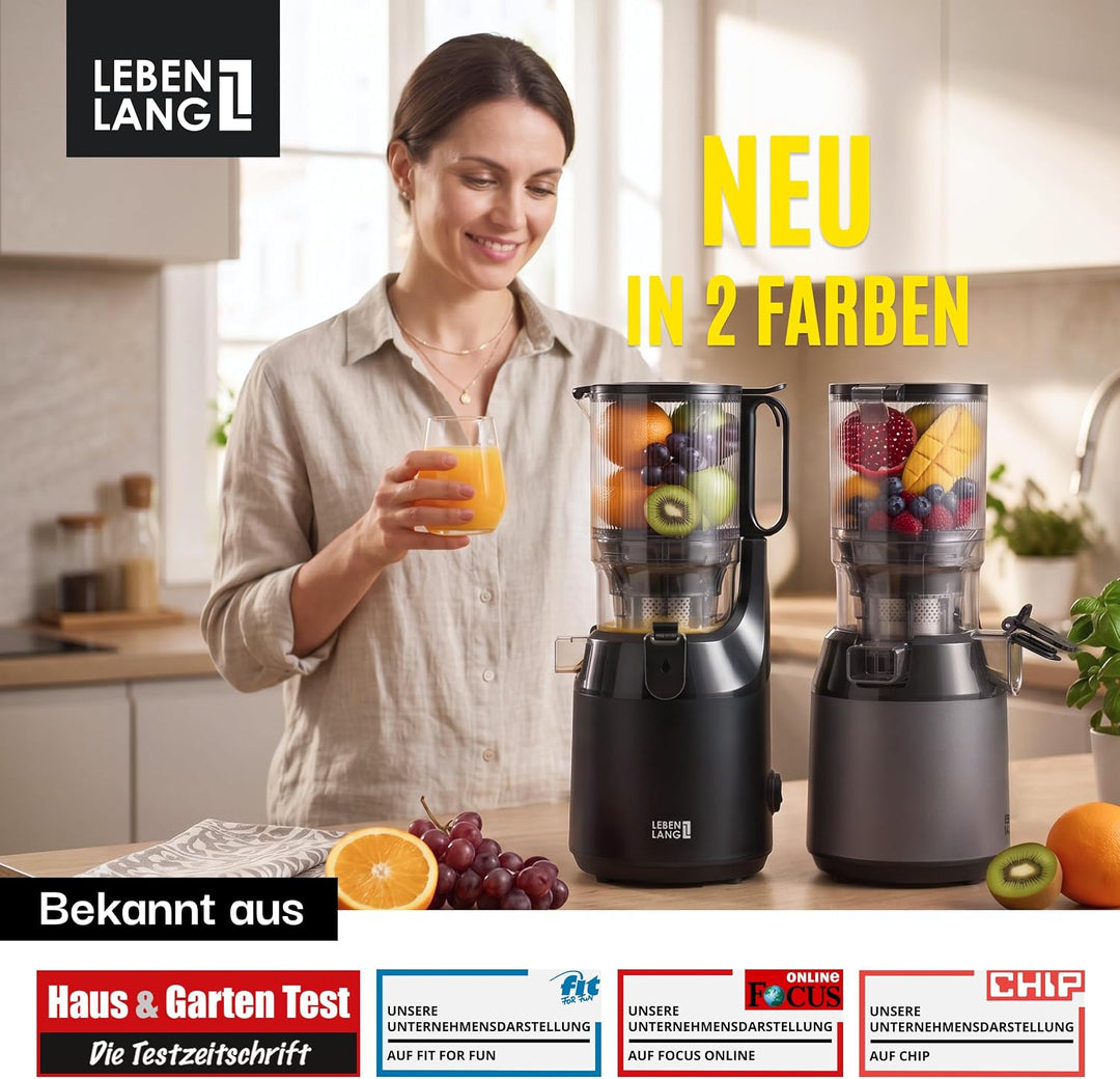 LEBENLANG Entsafter Slow Juicer - Inkl. Rezeptbuch &amp; Grosse 130mm Öffnung I Perfekt für Obst ganze F