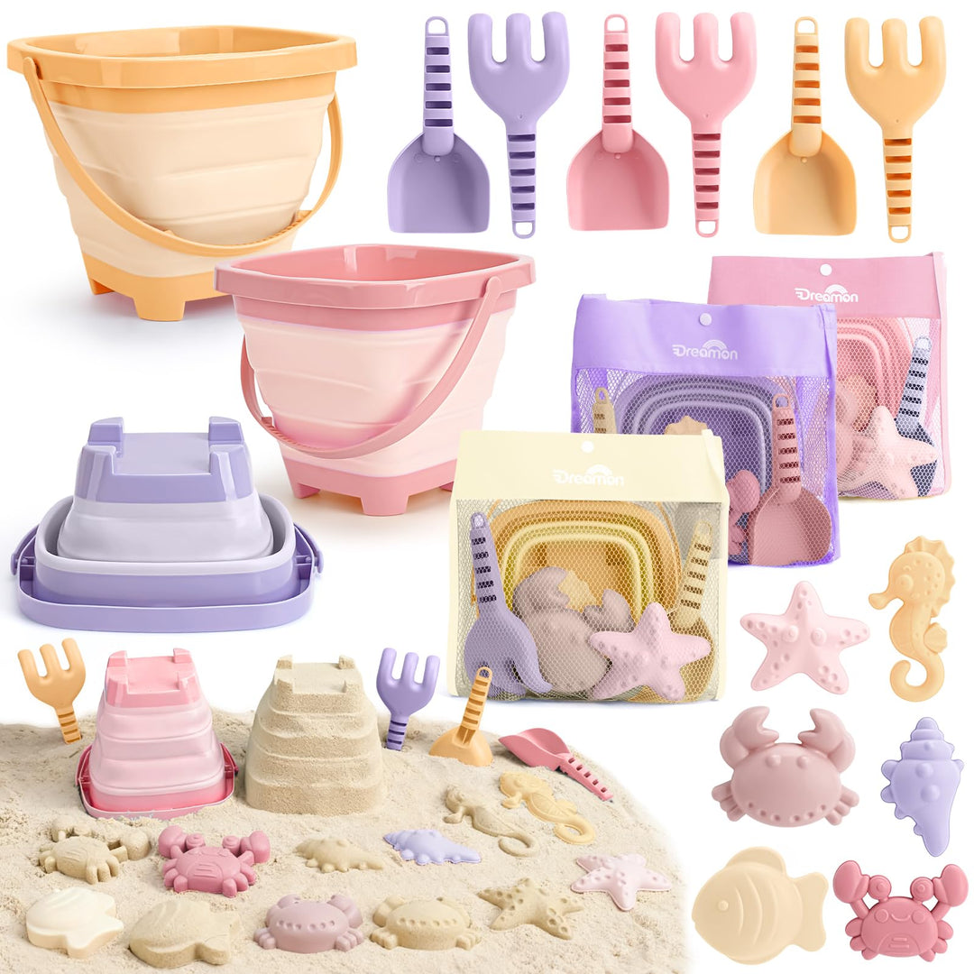 Dreamon Sandspielzeug Strandspielzeug Kinder, 18 PCS Reise Sandspielzeug mit Faltbarer Eimer, Sandka