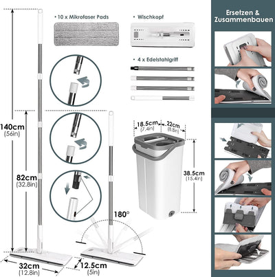 Myiosus Wischmopp Set mit Eimer, Putzeimer mit Wischmop, Bodenwischer mit Auswringfunktion, 10 Mikro