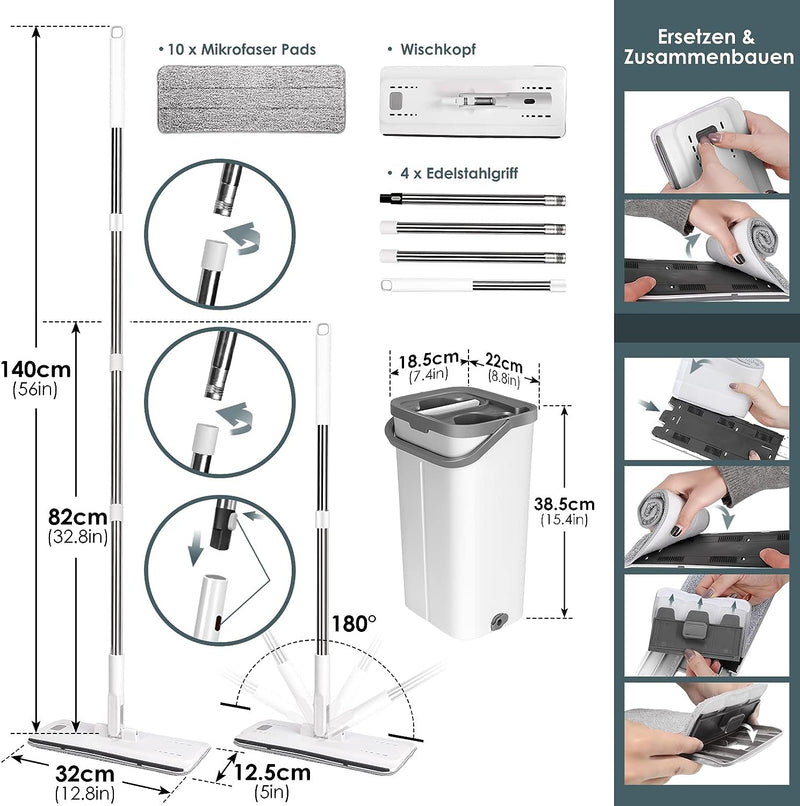 Myiosus Wischmopp Set mit Eimer, Putzeimer mit Wischmop, Bodenwischer mit Auswringfunktion, 10 Mikro