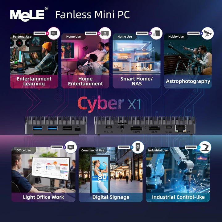 MeLE Cyber X1 Lüfterloser Mini PC 16GB DDR4 512GB ROM Micro PC Twin Lake N150(bis zu 3.6GHz) USB-C 2