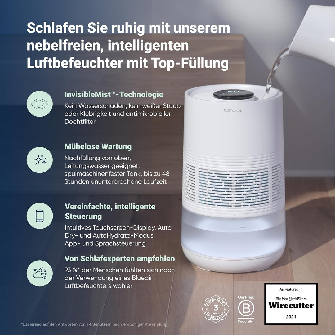 BLUEAIR Premium Smart Luftbefeuchter für Räume bis zu 46 m²: 3,5 l spülmaschinenfester Tank, bessere