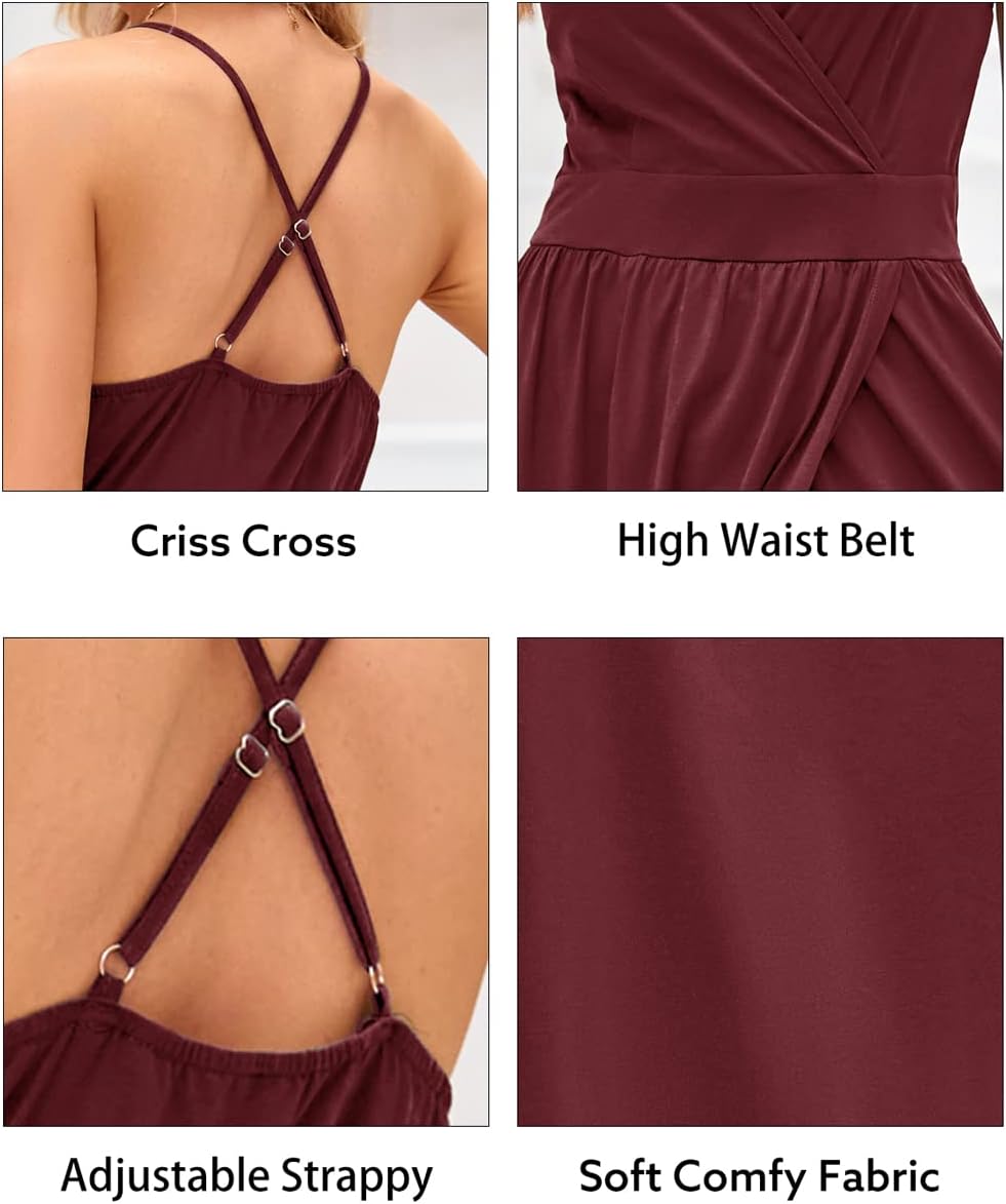 OUGES Damen Sommerkleid V-Ausschnitt Maxikleid Rückenfreies High Waist Spaghetti Strap Freizeitkleid