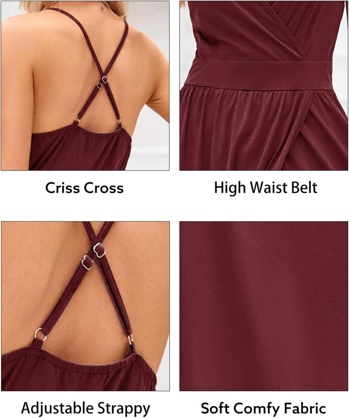 OUGES Damen Sommerkleid V-Ausschnitt Maxikleid Rückenfreies High Waist Spaghetti Strap Freizeitkleid