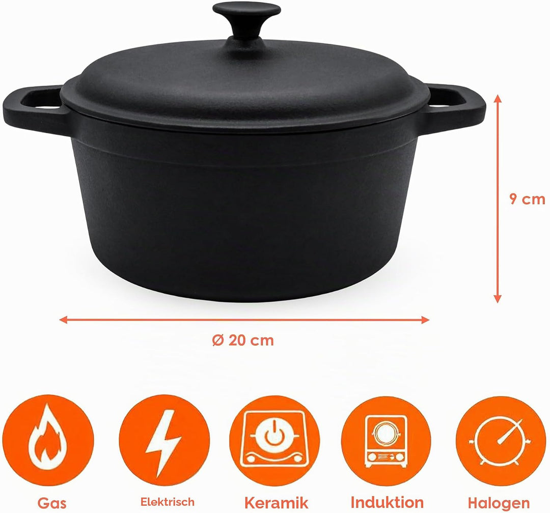 Spetebo Gusseisen Topf mit Deckel 20 cm - Grilltopf Eisentopf Kochtopf Schmortopf Bräter Topf 20 cm,