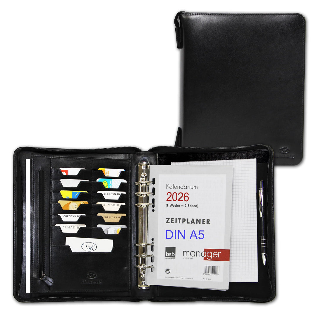 ALMADIH Leder A5 Organizer mit Ringmechanik Reissverschluss, Kalender 2024 Schreibblock Premium Rind