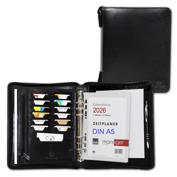 ALMADIH Leder A5 Organizer mit Ringmechanik Reissverschluss, Kalender 2024 Schreibblock Premium Rind