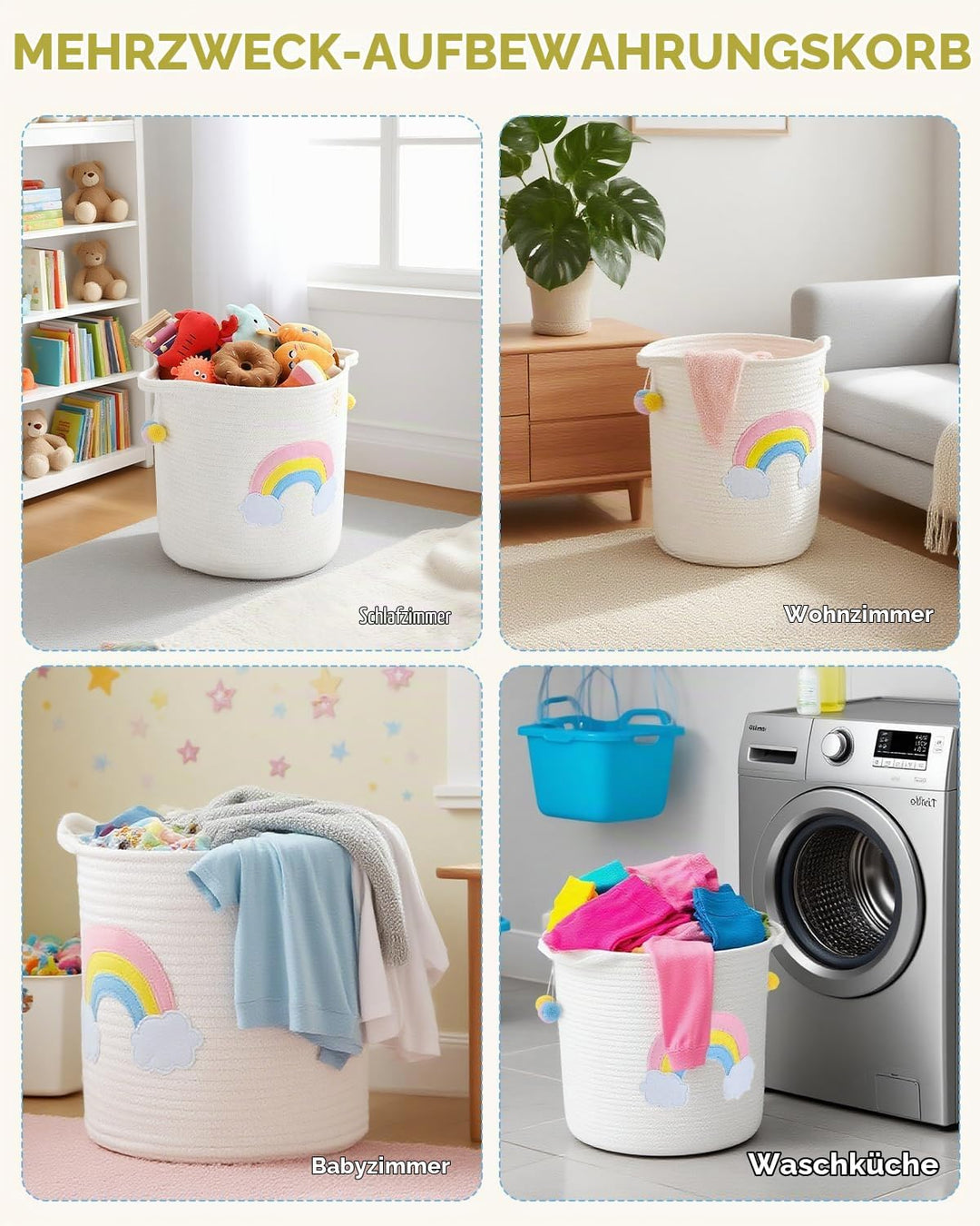 Aufbewahrungskorb Kinder mit Griffen, Wäschekorb Gewebter Baumwollseilkorb mit Stickerei Buntes Rege