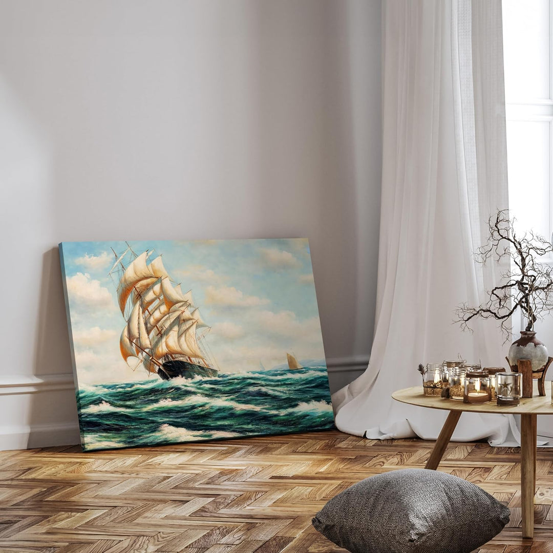 wandmotiv24 Leinwandbild Malerei, 80x60cm, Querformat, Schiff, Meer, Deko, Bilder auf Leinwand, Wand