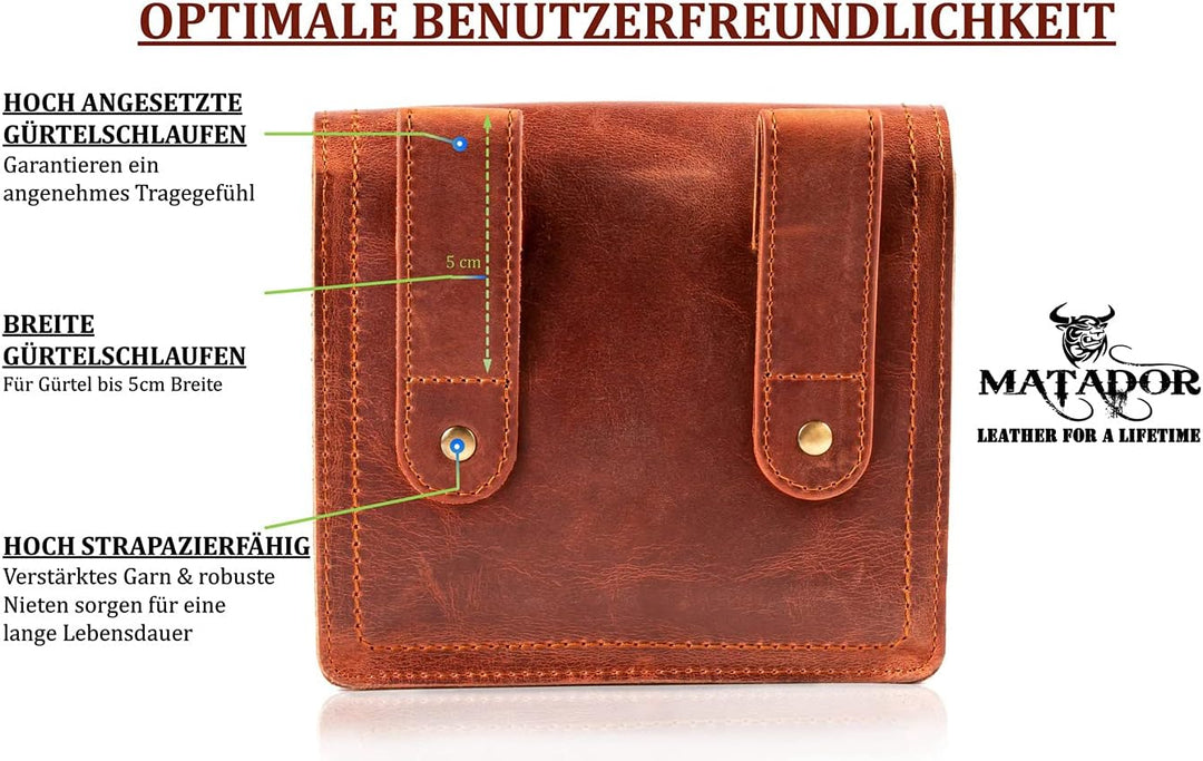 MATADOR Gürteltasche Herren Echt Leder Hüfttasche Malaga Vintage Braun Bauchtasche Damen Handtasche