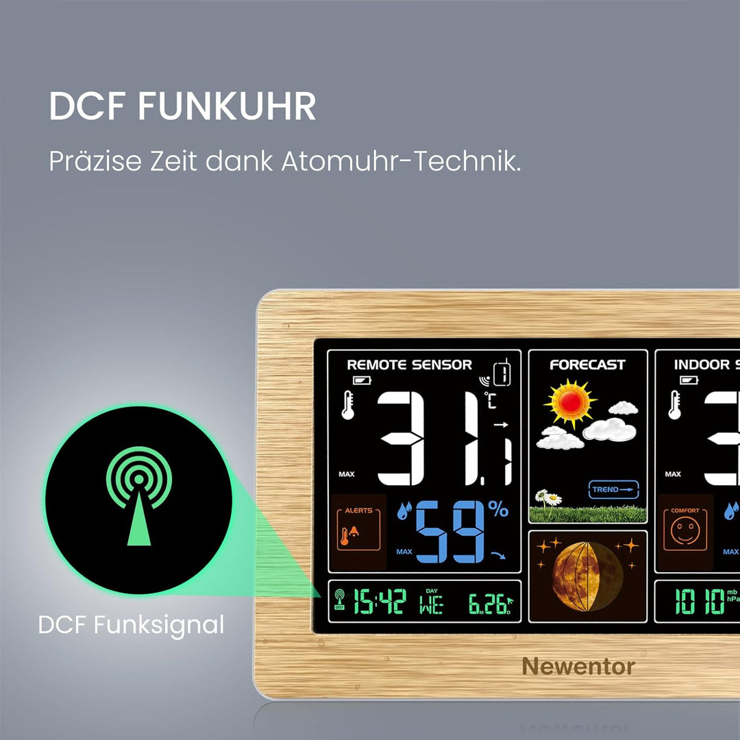 Newentor Wetterstation Funk mit Aussensensor - Funkwetterstation mit Wettervorhersage, Temperaturwar