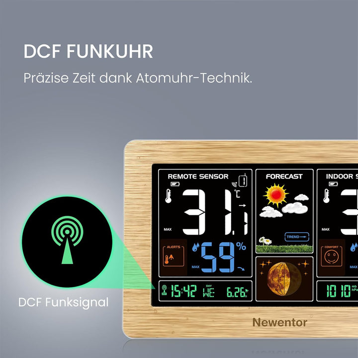 Newentor Wetterstation Funk mit Aussensensor - Funkwetterstation mit Wettervorhersage, Temperaturwar