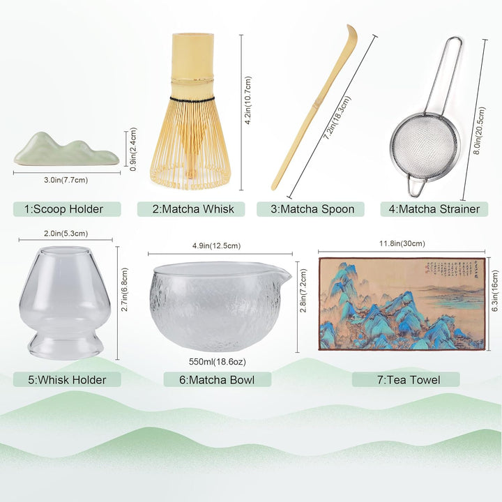 Matcha Tea Set 7- piece Japanese Tea Set Matcha Bowl with Spout, Bamboo Whisk and Spoon Filter Spoon