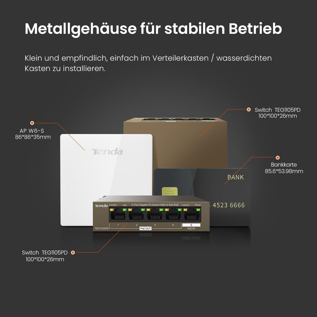 Tenda 5 Port PoE Switch ohne Netzteil, Gigabit PoE Powered Switch (1 PoE In & 4 PoE Out, Plug-and-Pl