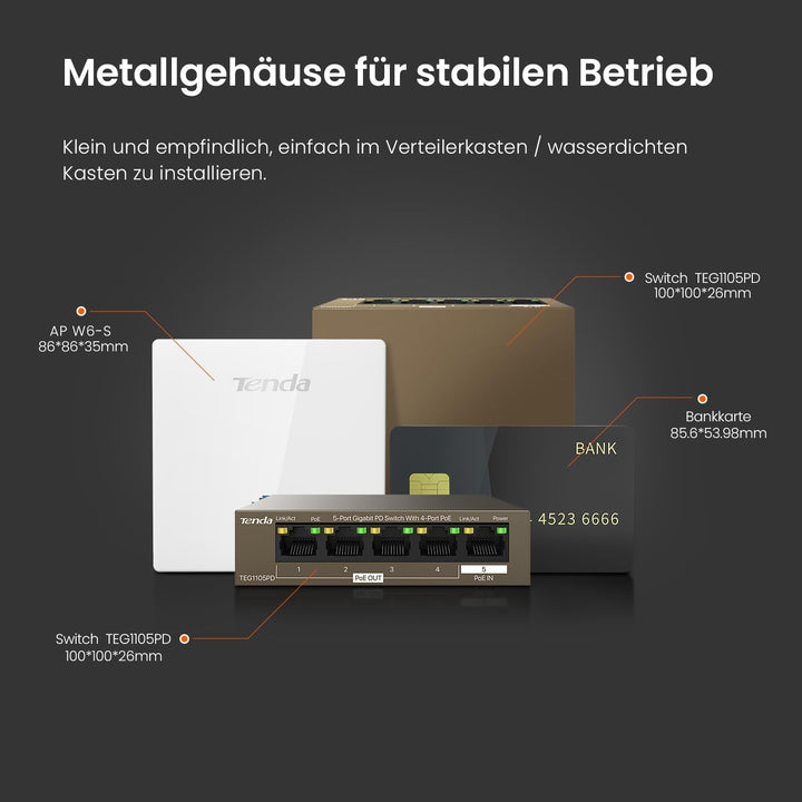 Tenda 5 Port PoE Switch ohne Netzteil, Gigabit PoE Powered Switch (1 PoE In & 4 PoE Out, Plug-and-Pl