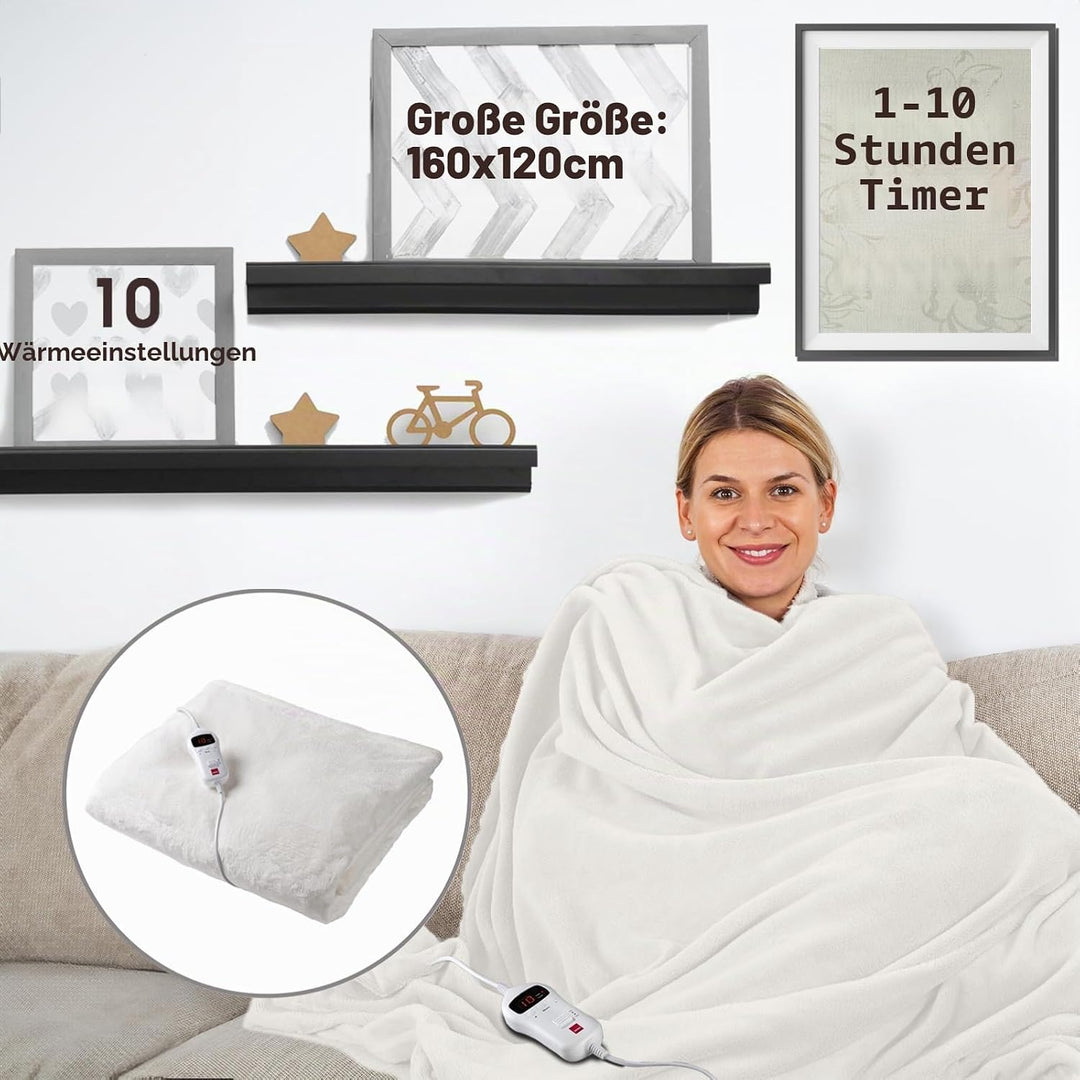 SENSIOHOME Luxus Heizdecke Creme, Elektrische Kuscheldecke aus Flanellfleece mit Teddyfleece-Innense