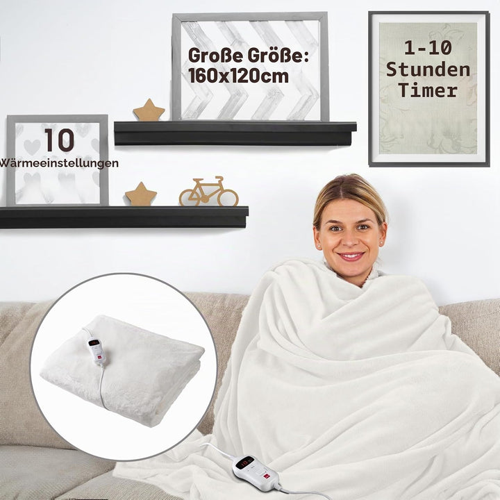 SENSIOHOME Luxus Heizdecke Creme, Elektrische Kuscheldecke aus Flanellfleece mit Teddyfleece-Innense