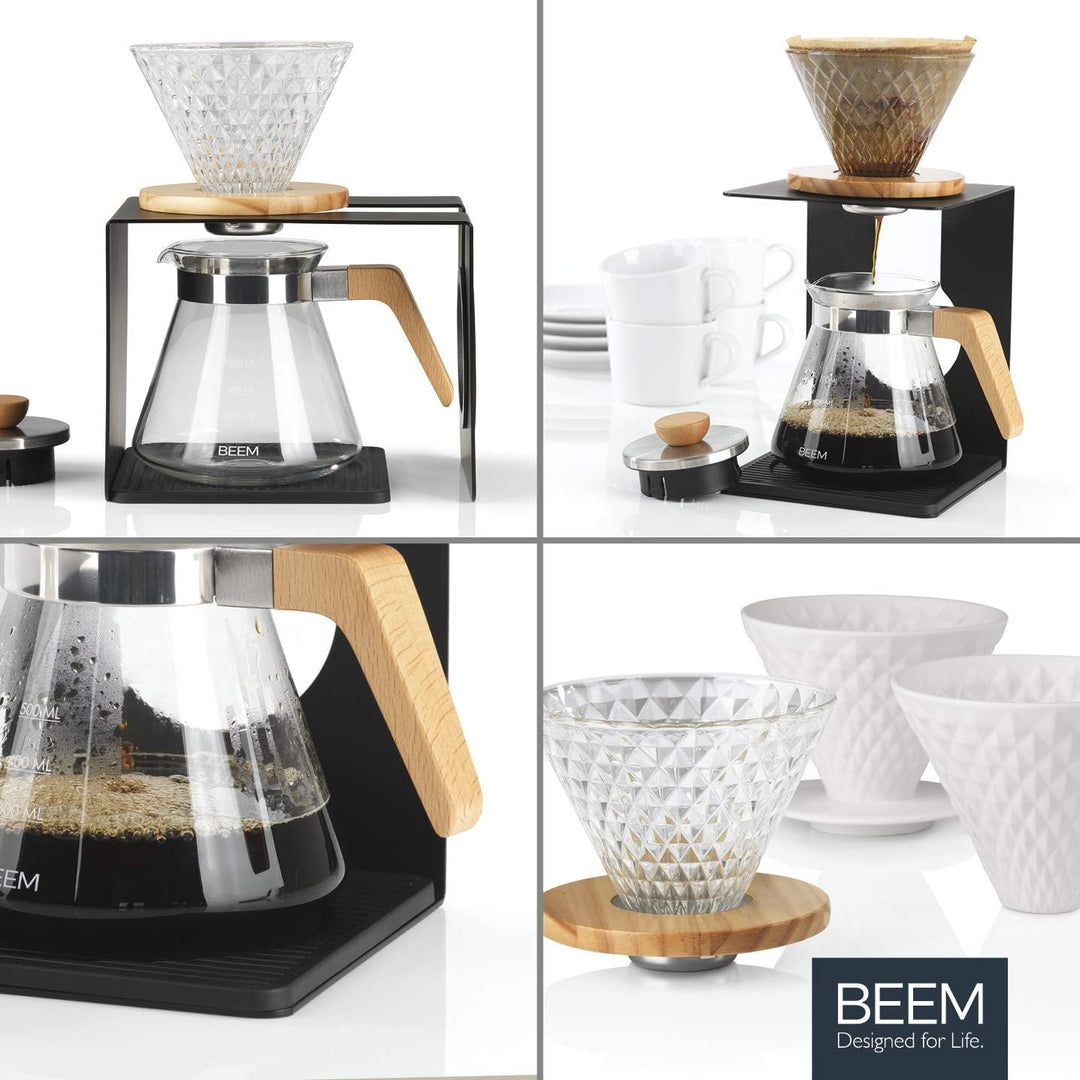 BEEM POUR OVER Kaffeebereiter Set - 4 Tassen | Glas-Handfilter in Diamantoptik (Grösse 2), 0,5 l Gla