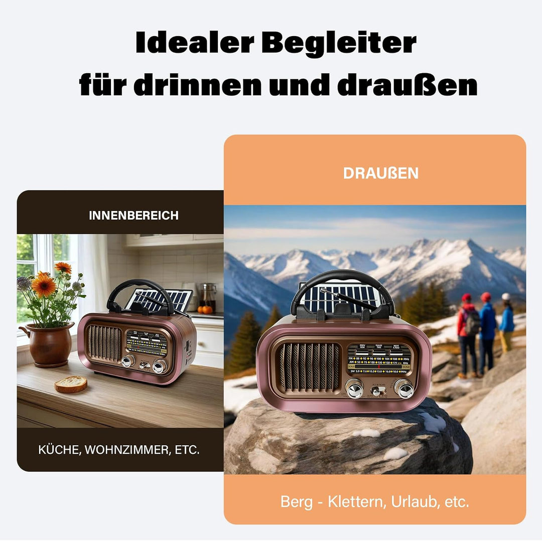 Retro Radio mit mit Solarzelle, AM/FM/SW Klein Radio Batteriebetrieben und Küchenausführung 1200mAh